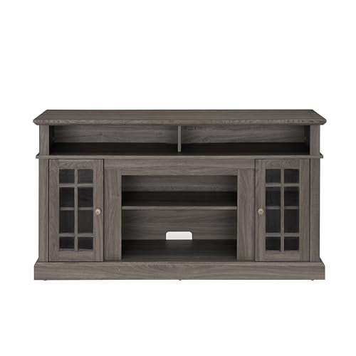 Dark Walnut TV Stand 58 in with Glass Doors, Wood Entertainment Center for TVs up to 65 inch, Tall Media Console with Adjustable Shelves and Cable Management for Living Room, Black Accents - color: Black + Dark Walnut