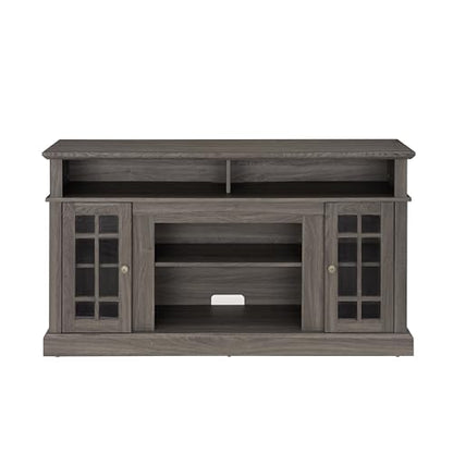 Dark Walnut TV Stand 58 in with Glass Doors, Wood Entertainment Center for TVs up to 65 inch, Tall Media Console with Adjustable Shelves and Cable Management for Living Room, Black Accents - color: Black + Dark Walnut