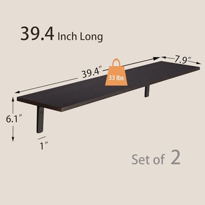 Long Wall Shelves, 39.4Inch Wooden Wall Mounted Shelves, Set of 2 | Large Floating Book Shelf with Metal Brackets, Easy Assembly, Max Load 33lbs, Wall Storage Ledges, Bedroom/Bathroom, Espresso - color: Espresso, size: 39.4 Inch