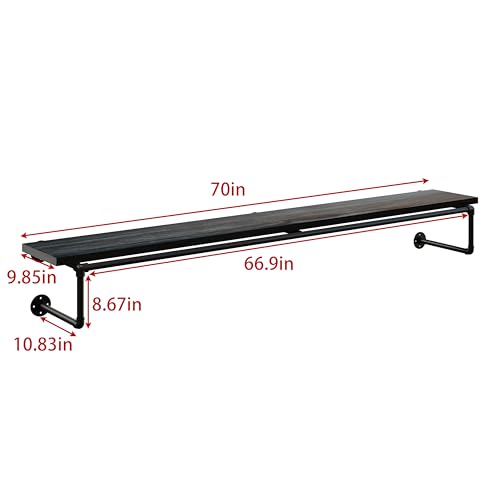 Clothes Rack 70in, Wall Mounted Garment Racks with Real Black Wood Shelf, Heavy Duty Hanging Clothes Rack, Multi-Purpose Hanging Rod, Space-Saving Closet Storage - color: Black, size: 1T70IN