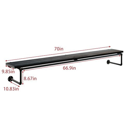 Clothes Rack 70in, Wall Mounted Garment Racks with Real Black Wood Shelf, Heavy Duty Hanging Clothes Rack, Multi-Purpose Hanging Rod, Space-Saving Closet Storage - color: Black, size: 1T70IN