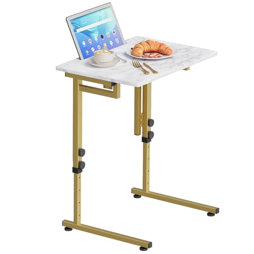 Folding tv Tray Dinner Snack Table,6 Height Adjustable Slide Under Couch Side Table, Portable Small Foldable C-Shaped End Table for Eating with Sturdy MDF Top,No Assembly(White Marble+Gold) - color: White Marble + Gold