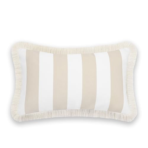 Hofdeco Premium Fall Coastal Patio Indoor Outdoor Lumbar Pillow Cover Only, 12"x20" Water Repellent for Backyard, Couch, Neutral Tan Stripe Fringe - color: Neutral Tan Stripe 12"x20"
