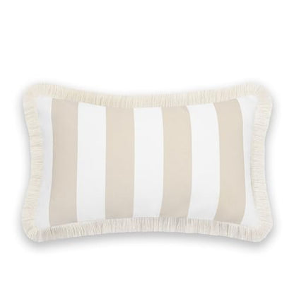 Hofdeco Premium Fall Coastal Patio Indoor Outdoor Lumbar Pillow Cover Only, 12"x20" Water Repellent for Backyard, Couch, Neutral Tan Stripe Fringe - color: Neutral Tan Stripe 12"x20"