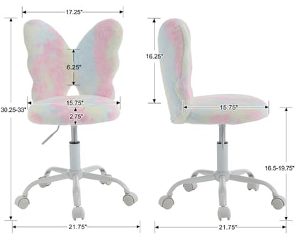 chairus Kids Desk Chair Butterfly Faux Fur Study Chair for Teenage Girls Adjustable Kids Vanity Chair for Bedroom Reading Living Room, Small Cute Student Task Chair with White Foot, Macaron - color: Butterfly, Macaron