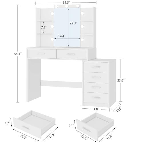 Quimoo 43.3" W Vanity Desk with Mirror and 9 LED Lights, Makeup Vanity with 6 Drawers, 6 Open Shelves, White Vanity for Women Girls, 43.3" W x 13.8" D x 54.3" - color: White 6 Drawers