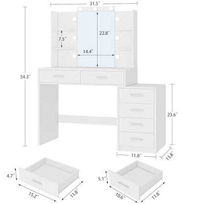 Quimoo 43.3" W Vanity Desk with Mirror and 9 LED Lights, Makeup Vanity with 6 Drawers, 6 Open Shelves, White Vanity for Women Girls, 43.3" W x 13.8" D x 54.3" - color: White 6 Drawers