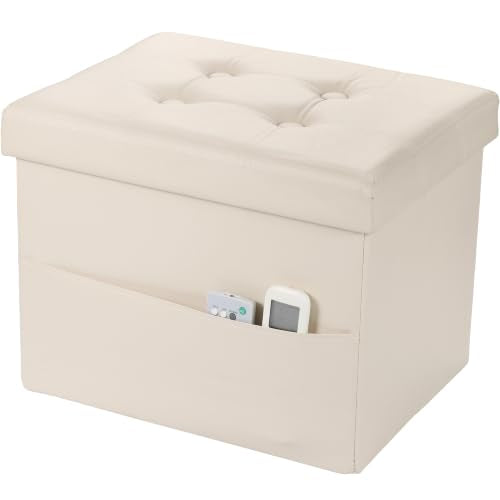Bsketa Storage Ottoman Bench,16 Inch Folding Leather Foot Rest Stool, Beige | Small Ottoman with Side Pockets, Thicker Foam Padded Seat, Livingroom, Dorm, Bedroom, Easy to install, 38L, 16x12x12in - color: Beige-with Side Pockets.