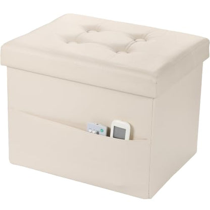 Bsketa Storage Ottoman Bench,16 Inch Folding Leather Foot Rest Stool, Beige | Small Ottoman with Side Pockets, Thicker Foam Padded Seat, Livingroom, Dorm, Bedroom, Easy to install, 38L, 16x12x12in - color: Beige-with Side Pockets.