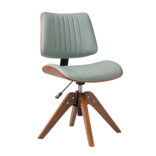 HULALA HOME Faux Leather Home Office Desk Chair No Wheels, Sage | Mid-Century Modern Desk Chair with Wood Legs, 360° Swivel Computer Task Chair with Channel-Tufted Backrest, Height Adjustable - color: Sage