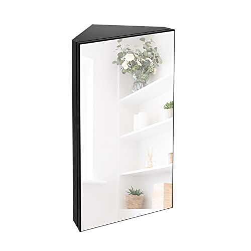 eclife 24" Bathroom Corner Medicine Cabinet W/Mirror, Single Door Bathroom Black Wall Mount Mirror Cabinet, Hanging Triple Shelf Storage Cabinet Opens Left to Right - color: Black, size: 13"-Single Door