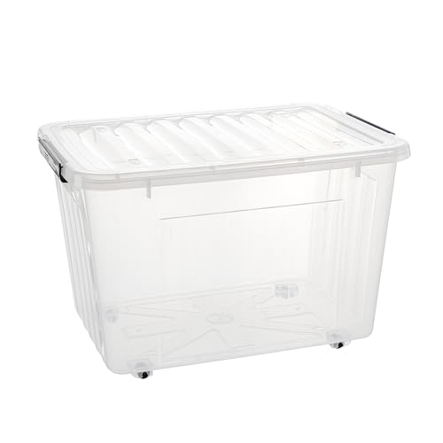 Cetomo 40Qt*3 Plastic Storage Bins, Storage Box, 3 Pack, Organizing Container with Wheels, Durable Lids and Secure Latching Buckles, Stackable and Nestable, Clear with Black Buckle - size: 35L*3