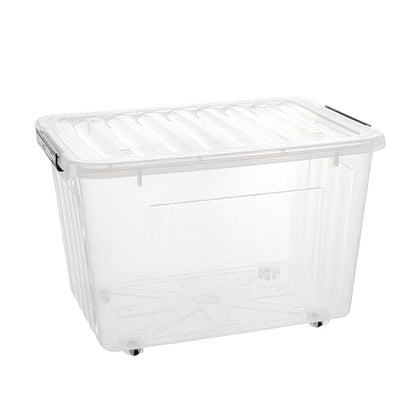Cetomo 40Qt*6 Plastic Storage Bins, Storage Box, 6 Pack, Organizing Container with Wheels, Durable Lids and Secure Latching Buckles, Stackable and Nestable, Clear with Black Buckle - size: 35L*6
