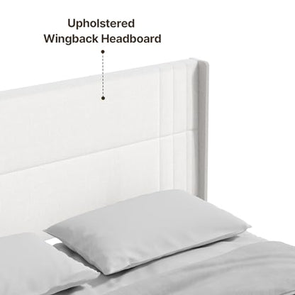 Gizoon King Bed Frame with Wingback Headboard, Upholstered Platform Bed | Bed Frame with Padded Headboard,Wooden Slats, Noise-Free, No Box Spring Needed, Easy Assembly,White - color: White, size: King