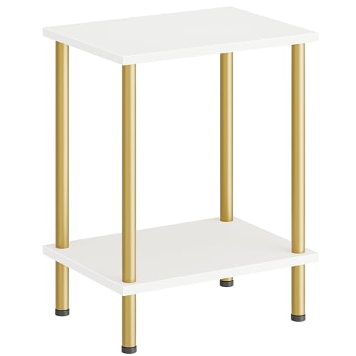 HOOBRO End Table, Small Side Table, Nightstand with 2-Layer Storage Shelves, Sofa Table for Small Spaces, Living Room, Bedroom, Stable Frame, Easy Assembly, White and Gold DW09BZ01 - color: White + Gold