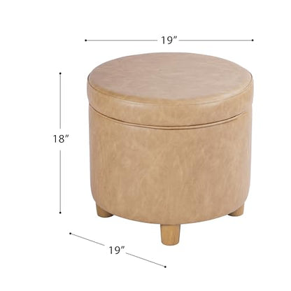 HomePop 19" Round Storage Ottoman - Sand Faux Leather - color: Sand Faux Leather