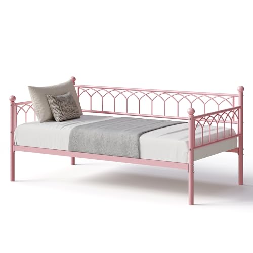 IDEALHOUSE Twin Size Daybed, Sofa Bed Frame with Metal Steel Slat Support, Heavy Duty Metal Bed Frame, Space Saving, Easy Assembly, for Small Spaces, Living Room, Bedroom, Apartment, Pink | Space-Saving Guest Bed - Slides Under Daybeds for Overnight Visit