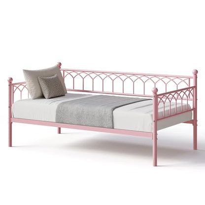 IDEALHOUSE Twin Size Daybed, Sofa Bed Frame with Metal Steel Slat Support, Heavy Duty Metal Bed Frame, Space Saving, Easy Assembly, for Small Spaces, Living Room, Bedroom, Apartment, Pink | Space-Saving Guest Bed - Slides Under Daybeds for Overnight Visit