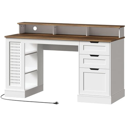 55-inch Farmhouse Executive Desk with 2 Drawers and File Cabinet, Computer Desk with 3-Tier Storage Shelves, Home Office Desk with Charging Station, Pegboard & Monitor Shelf, White and Walnut - color: White and Walnut