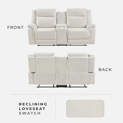 Lexicon 75" W Manual Double Reclining Loveseat with Center Console, Beige | Polished Microfiber Manual Wall Hugger Loveseat Recliner, Cup Holders, for Living Room, Tool Free Assembly - color: Beige, size: Reclining Loveseat