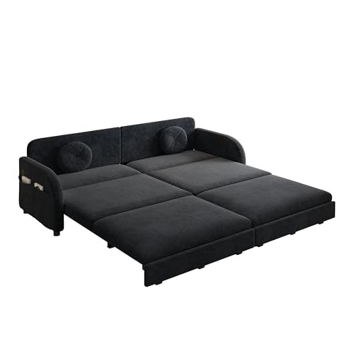 81.1'' King Size Sleeper Sofa Bed, 3-in-1 Pull Out Chenille Couch, Black | Cozy Curved Armrest, Loveseat with USB, 2 Round Pillows, Washable Cover, Pocket, for Living Room, Apartment, Small Spaces, RV - color: Black, size: 81.1'' King