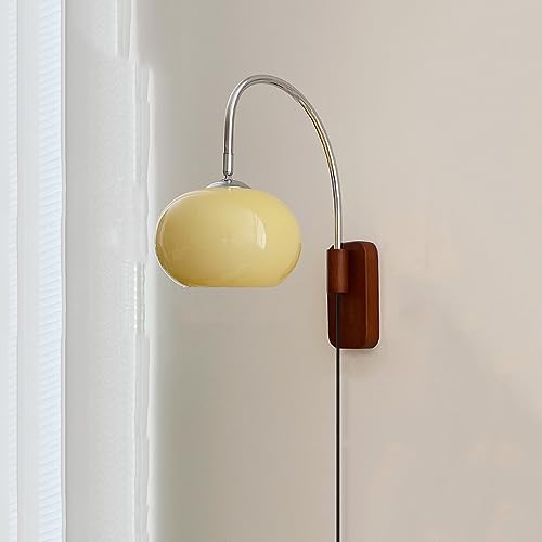 Modern Decoration Wall Sconce Mid Century with White Milk Glass Vintage Industrial Wood Wall Light Hardwired Smoke Grey Amber Farmhouse Reading Wall Lamp for Bedroom Living Room Bedside - color: White-plug Switch