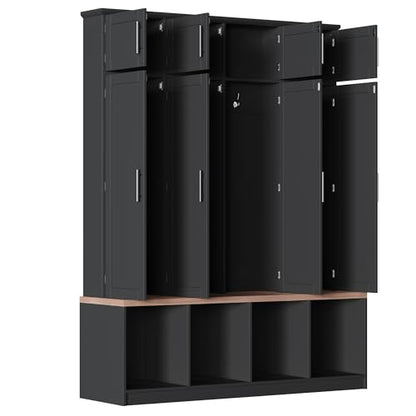 JIVOIT 75" H Farmhouse Hall Tree with Storage, Versatile 4-in-1 Coat Hanger with 4 Hidden Hanging Hooks, 8 Doors, Entryway Shoe Cabinet with Open Compartments for Living Room (Black//23) - color: Black//23