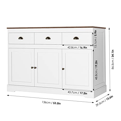 White Buffet Cabinet Storage Sideboard Farmhouse Server Bar Wine Cabinet with 3 Drawers & 3 Doors Adjustable Shelves Console Table for Dining Living Room Kitchen Cupboard - size: 15.6"D x 53.5"W x 34.1"H