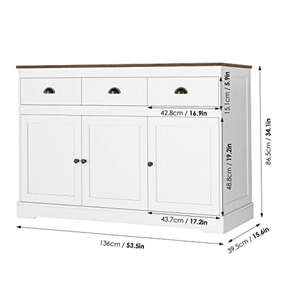 White Buffet Cabinet Storage Sideboard Farmhouse Server Bar Wine Cabinet with 3 Drawers & 3 Doors Adjustable Shelves Console Table for Dining Living Room Kitchen Cupboard - size: 15.6"D x 53.5"W x 34.1"H