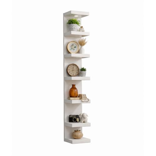 7-Tier Floating Wall Shelf with LED Lights – White Modern Display Shelving Unit with Remote Control – Wall Mounted Bookshelf for Living Room, Bedroom, or Office Decor
