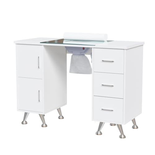 OmySalon Manicure Table Nail Desk for Nail Tech w/Glass Top & Wrist Rest, Beauty Salon Nail Supplies Decor Workstation Acetone Resistant w/2 Side Cabinet+3 Drawers, White - color: White
