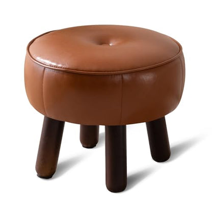 oakvivo Small Foot Stool, 13in Round Faux Leather Pouf Ottoman Foot Rest | Footstool Ottomans with Rubber Legs Under Desk, 13''L x 13''W x 10.2''H, Footrest for Couch, Living Room Bedroom, Brown - color: Brown