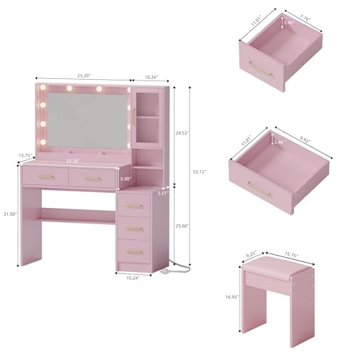 Makeup Vanity with Lights & Charging Station, Pink Vanity Table with 5 Drawers & Open Storage Shelves, Vanity Desk with Mirror & Lights, Dressing Table Set, Bedroom Makeup Table Set Gold Handle - size: 35.4 inch, style: Modern Pink