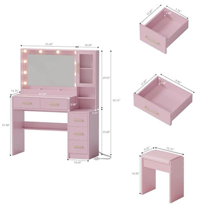 Makeup Vanity with Lights & Charging Station, Pink Vanity Table with 5 Drawers & Open Storage Shelves, Vanity Desk with Mirror & Lights, Dressing Table Set, Bedroom Makeup Table Set Gold Handle - size: 35.4 inch, style: Modern Pink