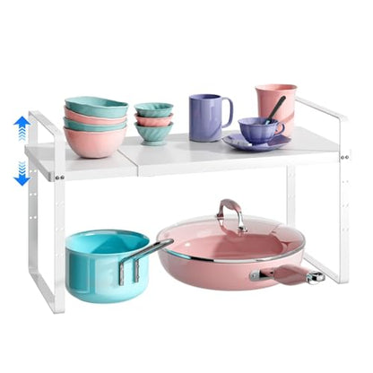 Expandable Cabinet Shelf Organizer, Stackable Kitchen Pantry Counter Storage, Adjustable Closet Cupboard Stand Rack Risers Spice Organization 80LBS Heavy Duty White Large 1 Pack - color: White Large