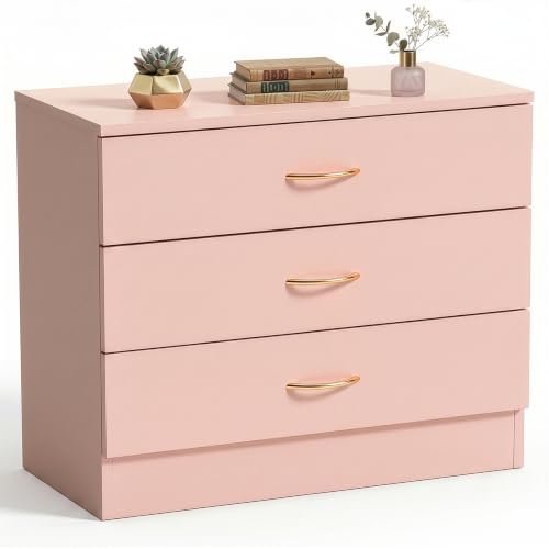 Karl home Wide Pink 3 Drawer Dresser, Modern Storage Chest for Bedroom | Small Wood End Table, Space-Saving Drawer Cabinet with Rose Gold Handle, Multi-Scene Furniture for Nursery, Living Room - color: Pink, size: 13"D x 26"W x 22"H (3 Drawers)