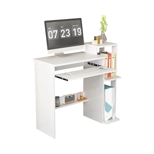 35" Compact Computer Desk with 3-Tier Storage Shelves & Keyboard Tray – Small Study Table for Bedroom or Home Office (White) - color: White