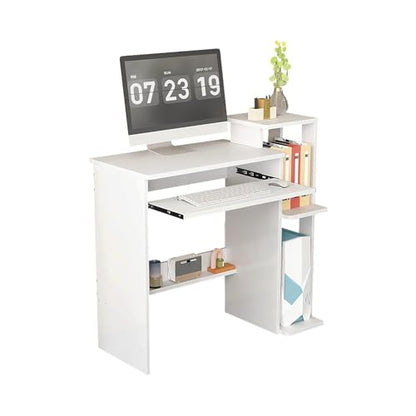 35" Compact Computer Desk with 3-Tier Storage Shelves & Keyboard Tray – Small Study Table for Bedroom or Home Office (White) - color: White