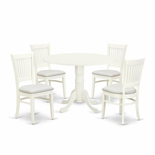 East West Furniture DLVA5-LWH-C 5 Piece Dining Table Set for 4 Includes a Round Kitchen Table with Dropleaf and 4 Linen Fabric Kitchen Dining Chairs, 42x42 Inch, Linen White - color: Dlva5-lwh-c