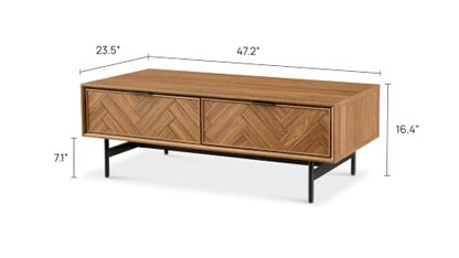 mopio Axis 47" Herringbone Walnut Coffee Table with Reinforced Slim Black Metal Legs and Handles, Industrial Design - color: Herringbone Walnut