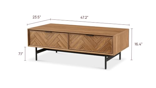 mopio Axis 47" Herringbone Walnut Coffee Table with Reinforced Slim Black Metal Legs and Handles, Industrial Design - color: Herringbone Walnut
