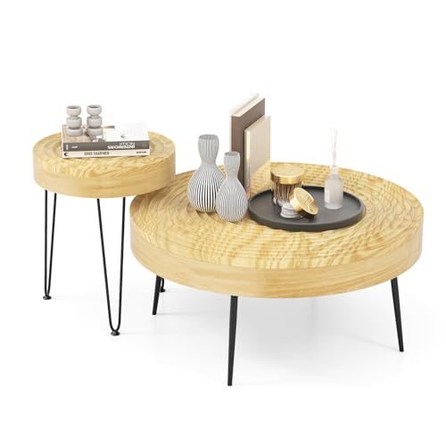 Giantex Boho Round Coffee Table Set of 2, Sofa Side Nesting Table with Solid Pine Wood Top, Metal Legs & Adjustable Foot Pads, 31.5" D Large Table Set for Living Room (Ring Pattern, Natural) - color: Natural, style: Ring Pattern