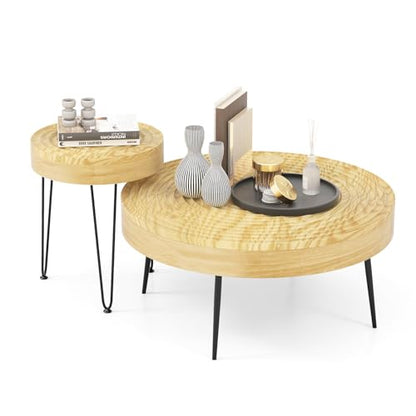 Giantex Boho Round Coffee Table Set of 2, Sofa Side Nesting Table with Solid Pine Wood Top, Metal Legs & Adjustable Foot Pads, 31.5" D Large Table Set for Living Room (Ring Pattern, Natural) - color: Natural, style: Ring Pattern