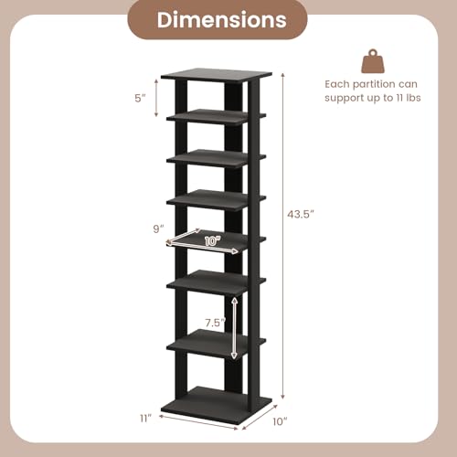 Tangkula 8-Tier Vertical Shoe Rack, Space-Saving Corner Shoe Organizer for 7 Pairs, Narrow Shoe Storage for Entryway, Front Door, or Closet - color: Black, size: 10" x 11" x 43.5"