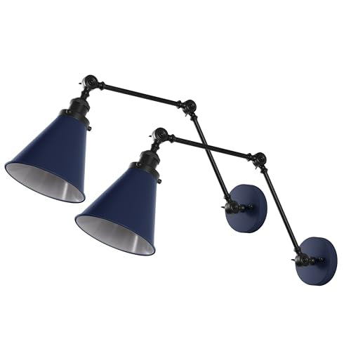 JONATHAN Y Rover 1-Light Wall Sconce 7", Navy/Black, Set of 2 | Adjustable Arm, Hardwired Bedside Reading Swing Arm, Farmhouse Cone Shade, Metal Hardwired Indoor Fixture, LED Bulbs Included - color: Navy/Black, size: Set of 2