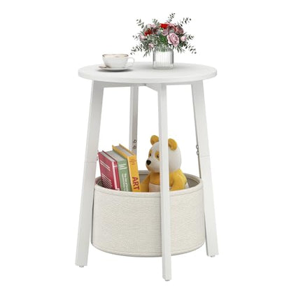 sthmec Small Round Side End Table with Cloth Storage Basket, Round Bedside Sofa Couch Coffee Tables for Small Places with Metal Frame, Modern Nighstands for Living Room Bedroom,White - color: White