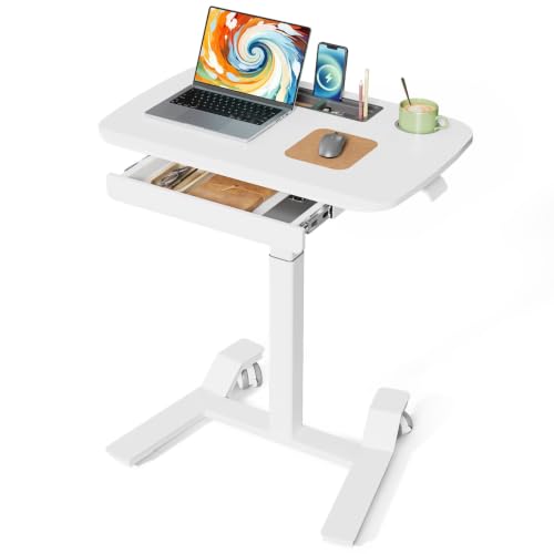 JOY worker Rolling Desk Adjustable Height, Mobile Standing Desk with Drawer | 28" Small Portable Laptop Workstation, Low Base & Moveable Wheels, Cable Storage Tray, Cup Holder, White, Home Office Teacher - color: White
