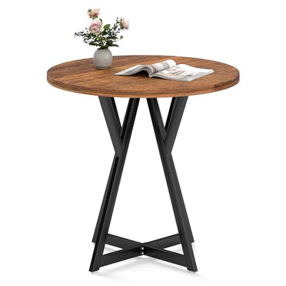 Small Dining Table, 31.5" Round Kitchen Table for 2 with X-Shaped Metal Pedestal Base, Wooden Dining Room Table for Small Spaces, Cafe, Apartment, Living Room, Office (Rustic Brown+Black)