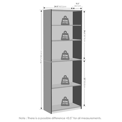 Furinno Jaya Simply Book Shelf, 5-Tier Bookshelf, Bookcase with Adjustable Shelves, 9.5 x 24.5 x 71.2, for Living Room, Bedroom, Home Office, Plain White - color: White, size: 5-Tier, 9.5 x 24.5 x 71