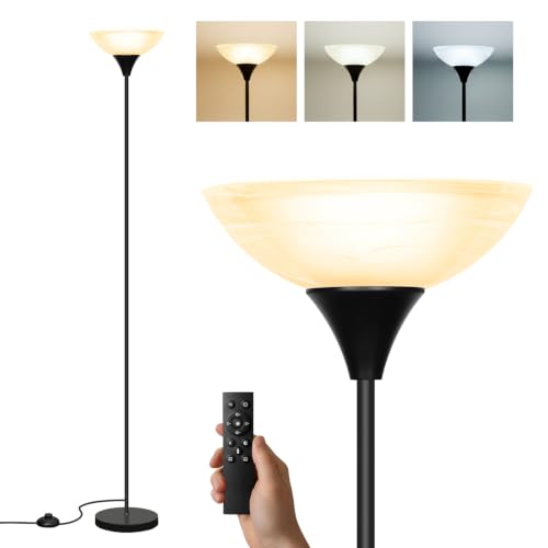 LALISU Floor Lamp, Standing Lamps with Glass Shade, Led Floor Lamp Remote | Modern Floor Lamps, Tall Standing Lamps for Living Room Bedroom Office Dining Room (Black and Glass) - color: Black and Glass